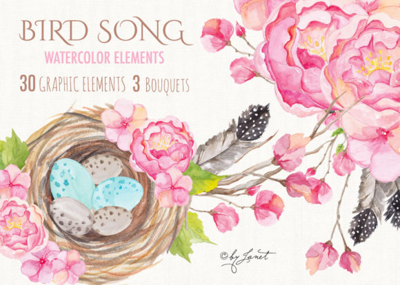 Bird Song Collection: A Set of 33 Handcrafted Watercolor Elements