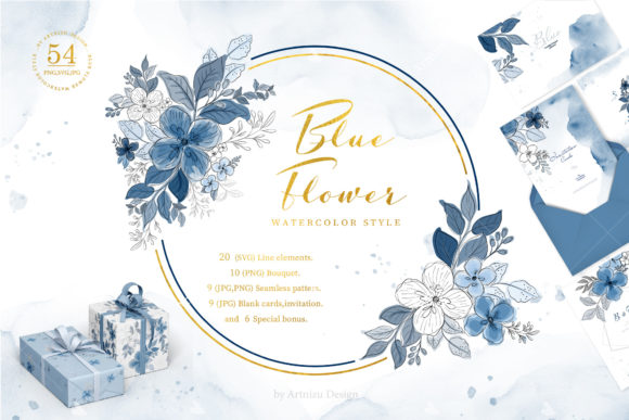 Blue Flower Watercolor Style: Elegant Assets for Creative Projects
