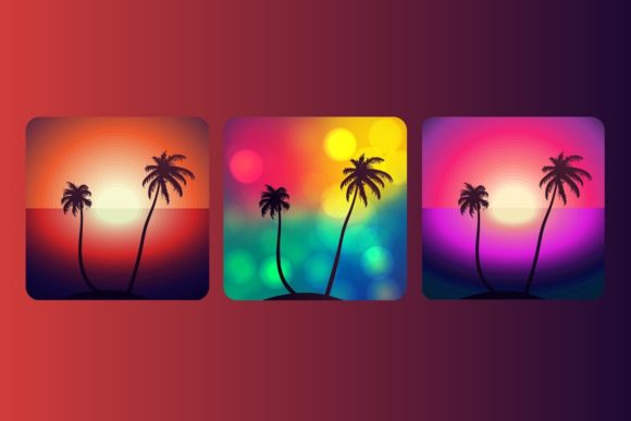 Palm Island Vector Illustration in Three Color Themes